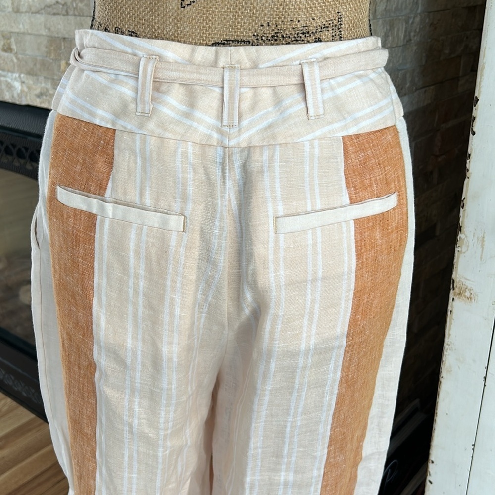 Ett:twa by Anthropologie orange stripe tie waist zip close 100% linen pants - Picture 9 of 16